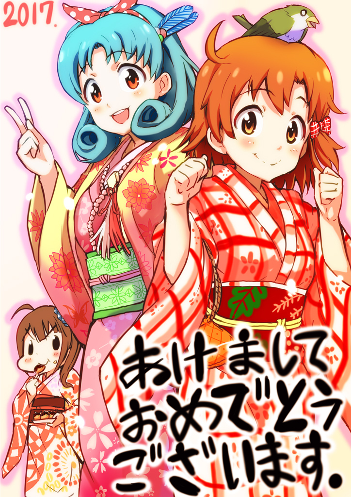 2017 3girls ahoge animal animal_on_head bird bird_on_head blush bow brown_eyes brown_hair clenched_hands commentary_request feathers food green_hair hair_bow hair_feathers hair_ribbon idolmaster idolmaster_million_live! ina_(inatyuu) japanese_clothes kimono multiple_girls new_year obi official_art on_head open_mouth orange_eyes orange_hair ribbon sash scrunchie short_hair side_ponytail simple_background smile takoyaki tokugawa_matsuri translated v yabuki_kana yokoyama_nao