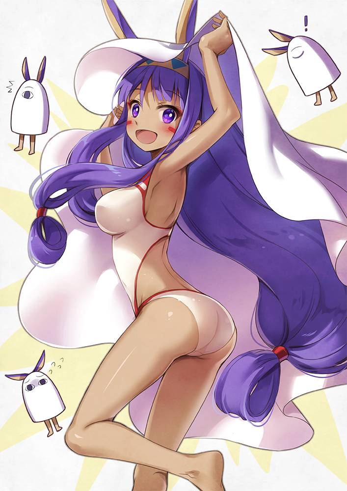 ! 1girl animal_ears arms_up ass bangs bed_sheet blush breasts commentary commentary_request dark_skin eyebrows_visible_through_hair facial_mark fate/grand_order fate_(series) flying_sweatdrops from_side hairband long_hair looking_at_viewer low-tied_long_hair medium_breasts nitocris_(fate/grand_order) nitocris_(swimsuit_assassin)_(fate) nyanya one-piece_swimsuit open_mouth purple_hair rabbit_ears smile standing standing_on_one_leg swimsuit very_long_hair violet_eyes white_swimsuit