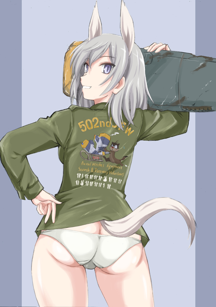 1girl animal_ears ass aurora_e_juutilainen blue_eyes brave_witches butt_crack clothes_writing commentary_request cowboy_shot eyebrows_visible_through_hair from_behind grey_hair grin hand_on_hip highres long_hair looking_at_viewer looking_back no_pants panties smile solo strike_witches tail underwear wanyan_aguda white_panties world_witches_series