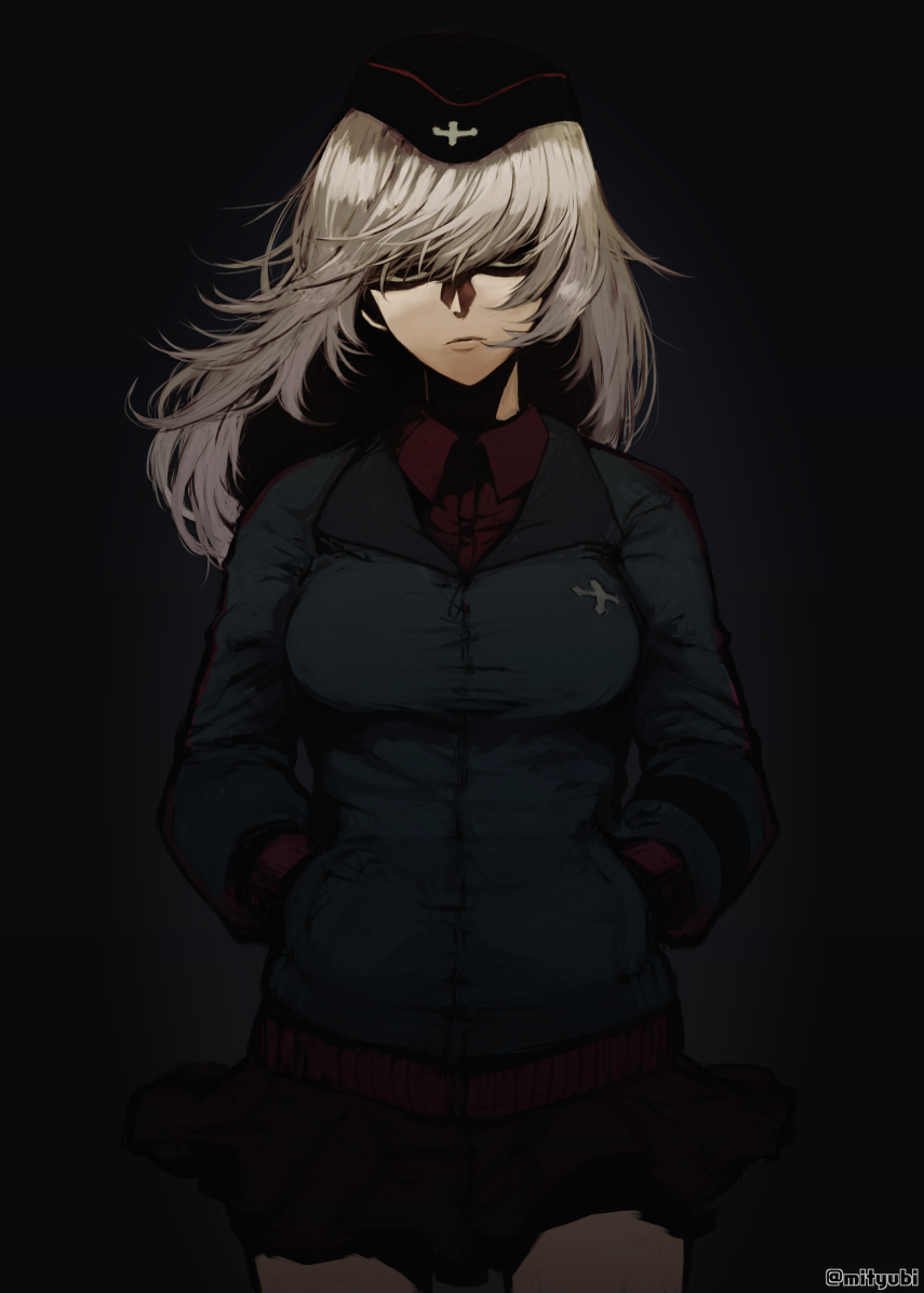 1girl bangs black_background breasts closed_mouth collared_shirt cowboy_shot frown garrison_cap girls_und_panzer glaring hair_over_eyes hands_in_pockets hat itsumi_erika jacket kuromorimine_military_uniform long_hair looking_at_viewer m2b medium_breasts pants red_shirt red_shirt_dress_shirt shaded_face shirt silver_hair simple_background skirt solo standing twitter_username winter_uniform