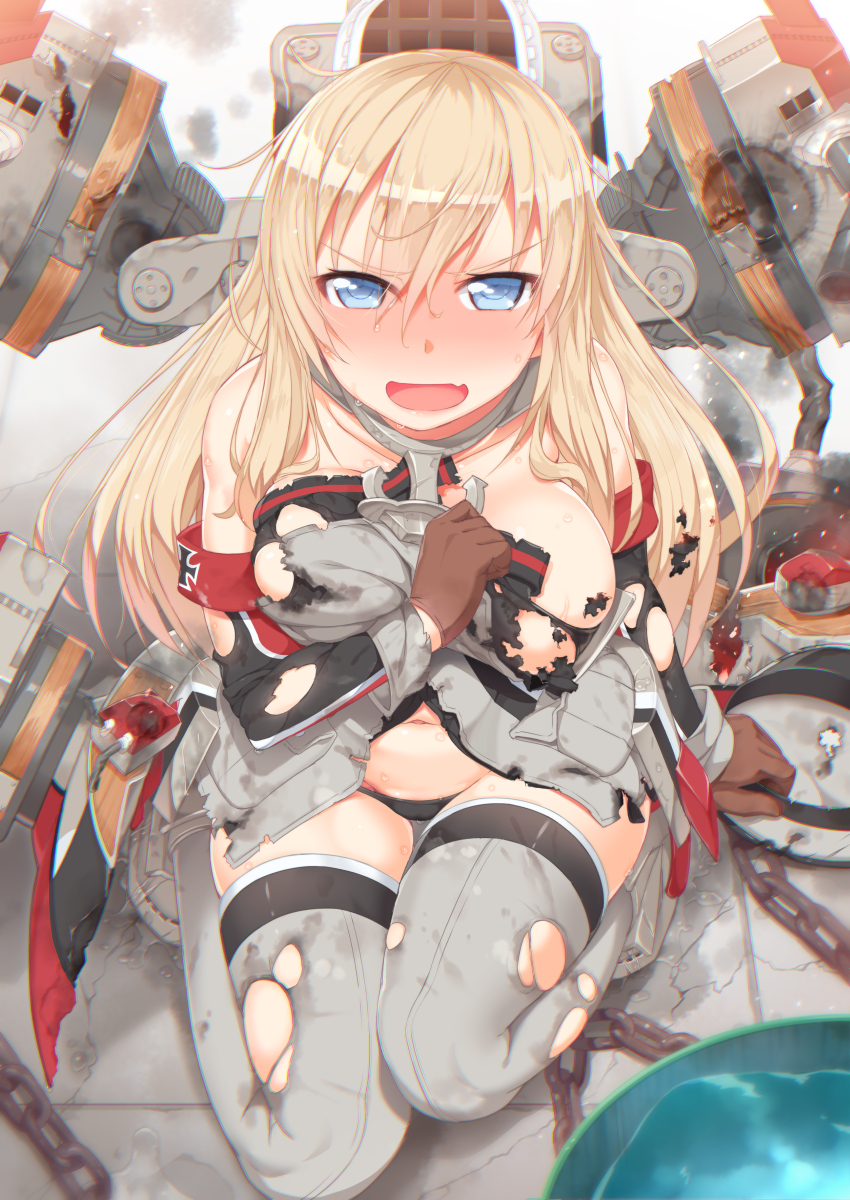 10s 1girl anchor armband bare_shoulders bismarck_(kantai_collection) black_panties blonde_hair blue_eyes blush breasts brown_gloves cannon chains collarbone commentary_request damaged detached_sleeves embarrassed fang gloves grey_legwear hat hat_removed headwear_removed highres iron_cross kantai_collection large_breasts long_hair looking_at_viewer machinery navel open_mouth panties repair_bucket smoke solo tachimi_(basue) thigh-highs torn_clothes torn_thighhighs turret underwear