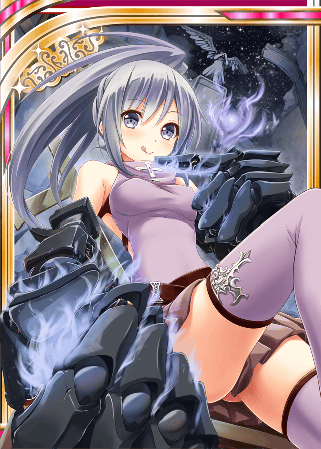 1girl akkijin bone card_(medium) clenched_hand cross crucifix dress gloves hitodama looking_at_viewer night night_sky ponytail purple_dress shinkai_no_valkyrie silver_hair sky solo star_(sky) starry_sky thigh-highs tongue tongue_out violet_eyes