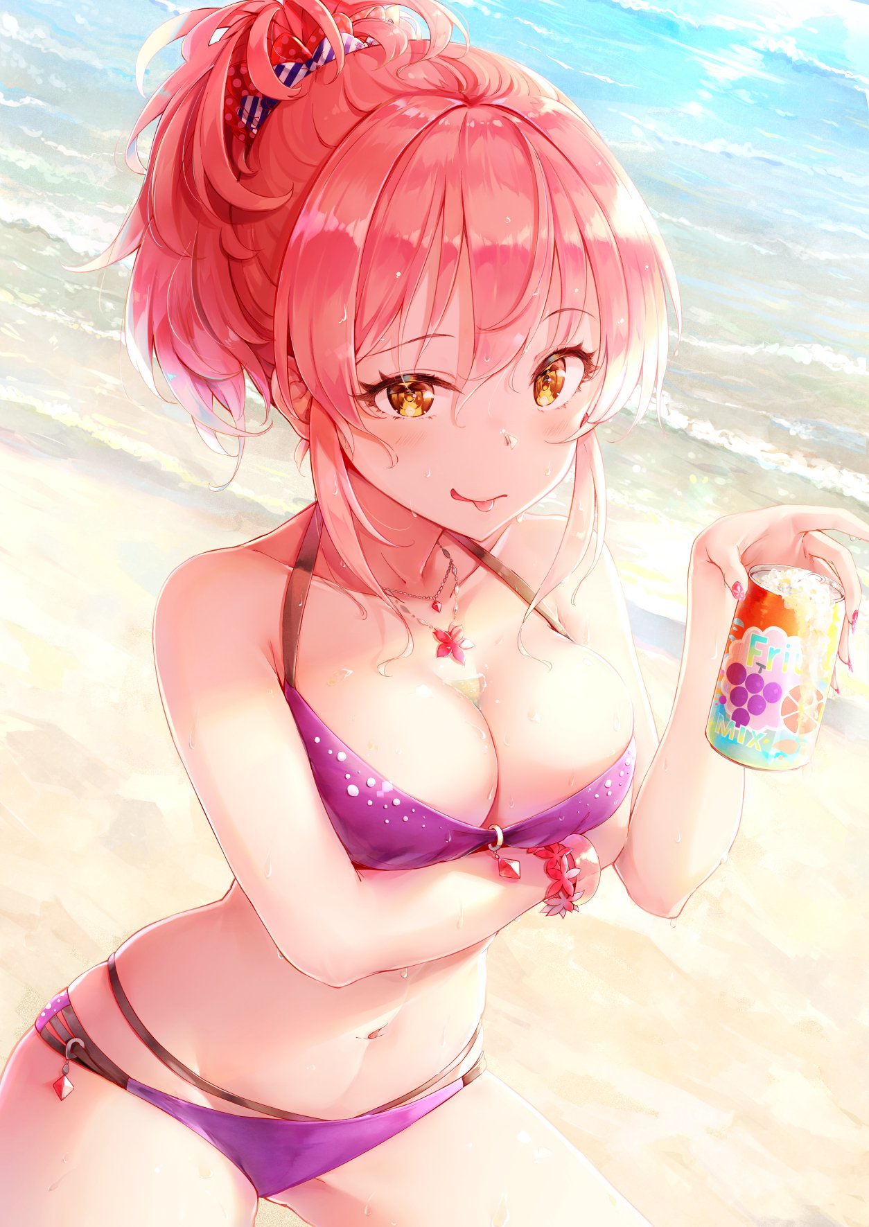 1girl :p beach bikini breasts bust_cup can cleavage eyelashes highres idolmaster idolmaster_cinderella_girls jougasaki_mika long_hair medium_breasts pink_hair ponytail smile solo somalisu swimsuit tongue tongue_out yellow_eyes