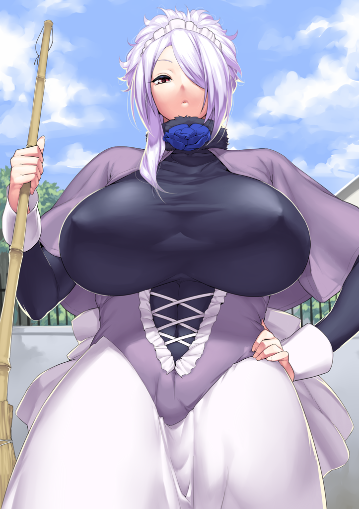 1girl breasts broom clouds cloudy_sky erect_nipples hair_over_one_eye hakai_shin hand_on_hip huge_breasts long_hair looking_at_viewer parted_lips purple_hair red_eyes sky solo thick_thighs thighs