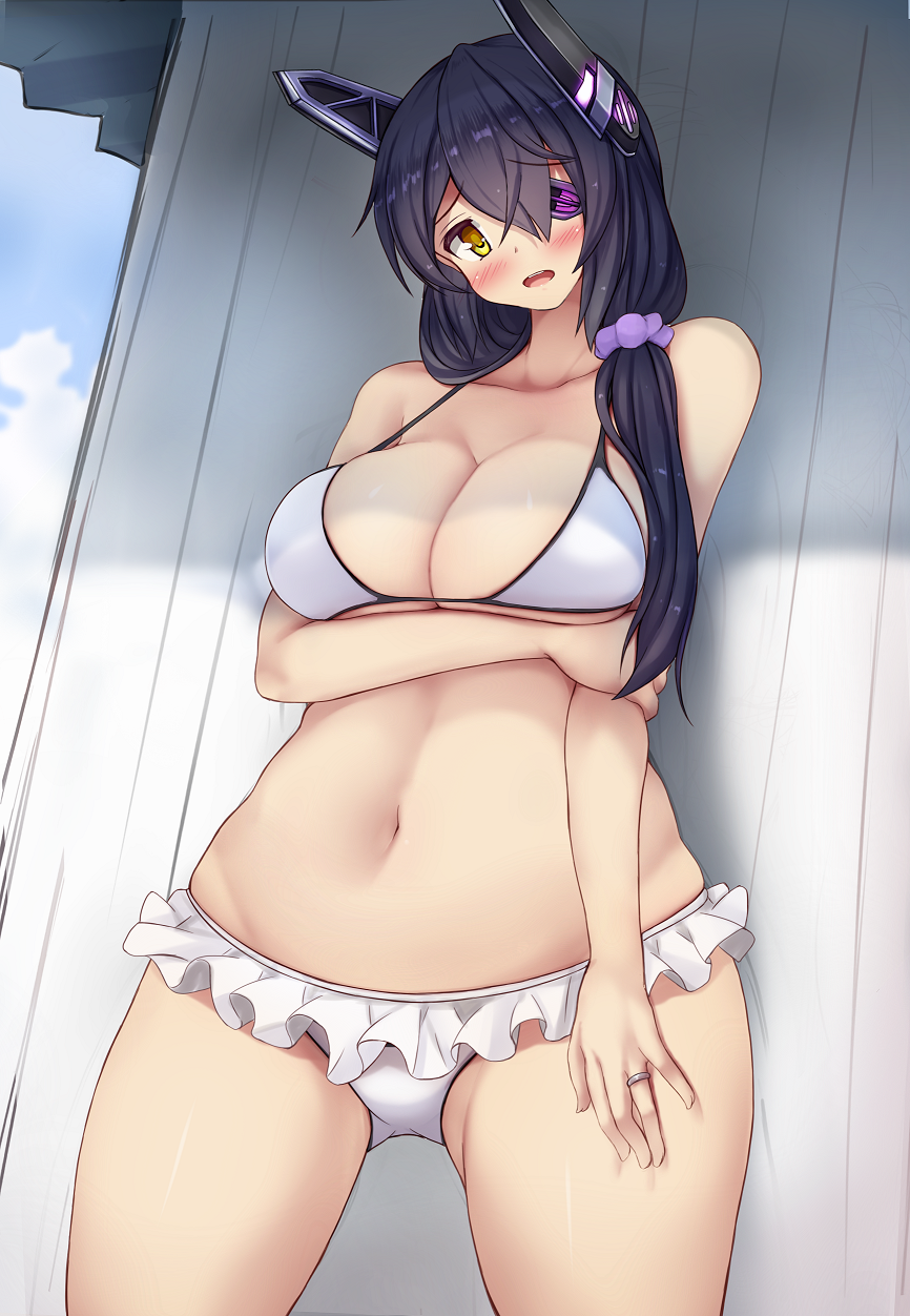 10s 1girl alternate_hair_length alternate_hairstyle bikini breast_hold breasts cleavage collarbone eyepatch hair_ornament hair_scrunchie headgear highres jewelry kantai_collection large_breasts long_hair looking_at_viewer looking_down navel open_mouth purple_hair ring scrunchie solo swimsuit tenryuu_(kantai_collection) yellow_eyes yuzumiya_mono