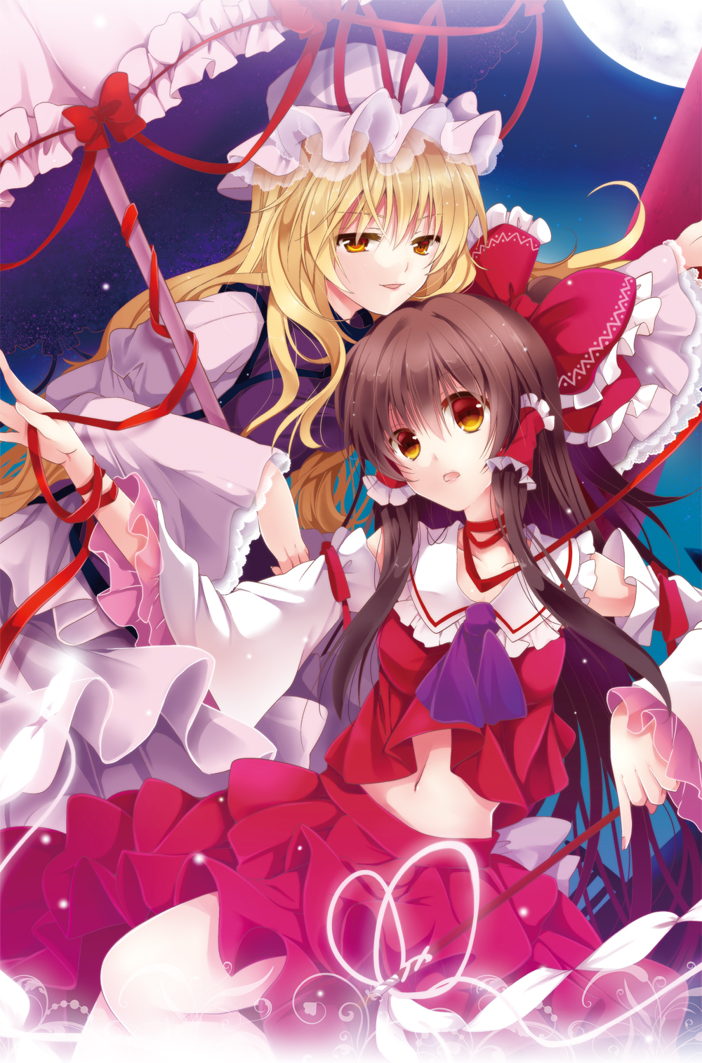 2girls ankle_ribbon blonde_hair bonnet brown_hair collarbone detached_sleeves hair_between_eyes hakurei_reimu hat highres long_hair multiple_girls murasaki_sansei neck_ribbon open_mouth orange_eyes orange_eyess parted_lips pleated_skirt red_ribbon red_shirt red_skirt ribbon shirt skirt sleeveless sleeveless_shirt touhou very_long_hair white_hat white_umbrella yanagise