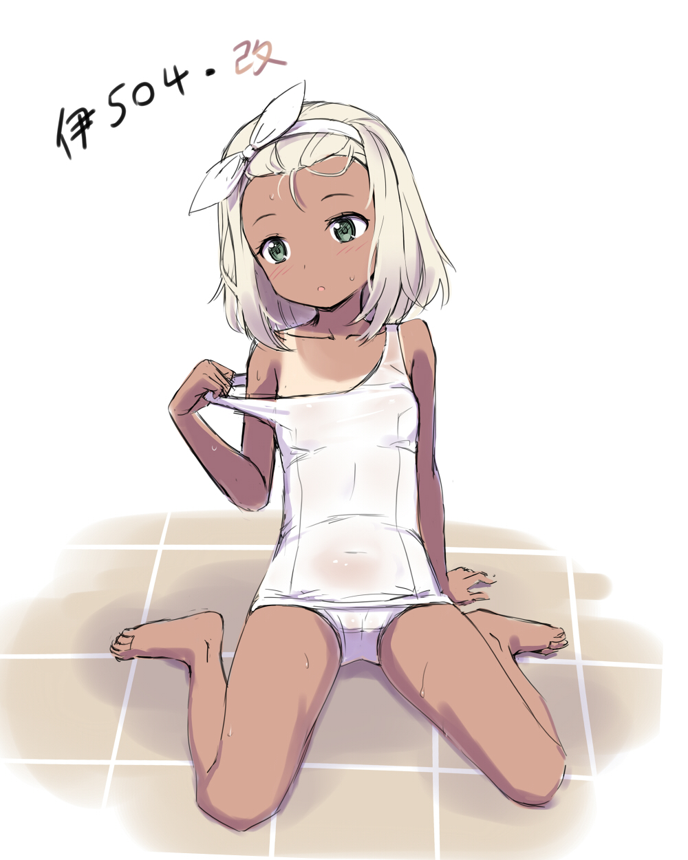 10s 1girl barefoot blonde_hair cnm green_eyes hairband highres i-504_(kantai_collection) kantai_collection luigi_torelli_(kantai_collection) open_mouth school_swimsuit short_hair sketch solo swimsuit tan tanline toes white_hairband white_school_swimsuit white_swimsuit