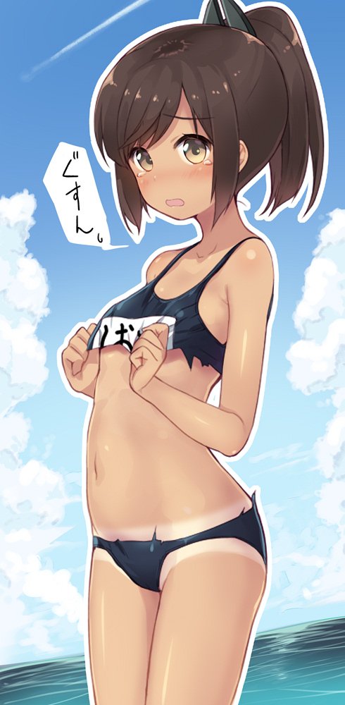10s 1girl bare_arms blue_sky blush brown_eyes brown_hair clouds commentary_request condensation_trail cowboy_shot day eyebrows_visible_through_hair i-401_(kantai_collection) kantai_collection minamura_haruki navel outline ponytail school_swimsuit sky solo standing stomach swimsuit tan tanline tareme tears torn_clothes torn_swimsuit translated
