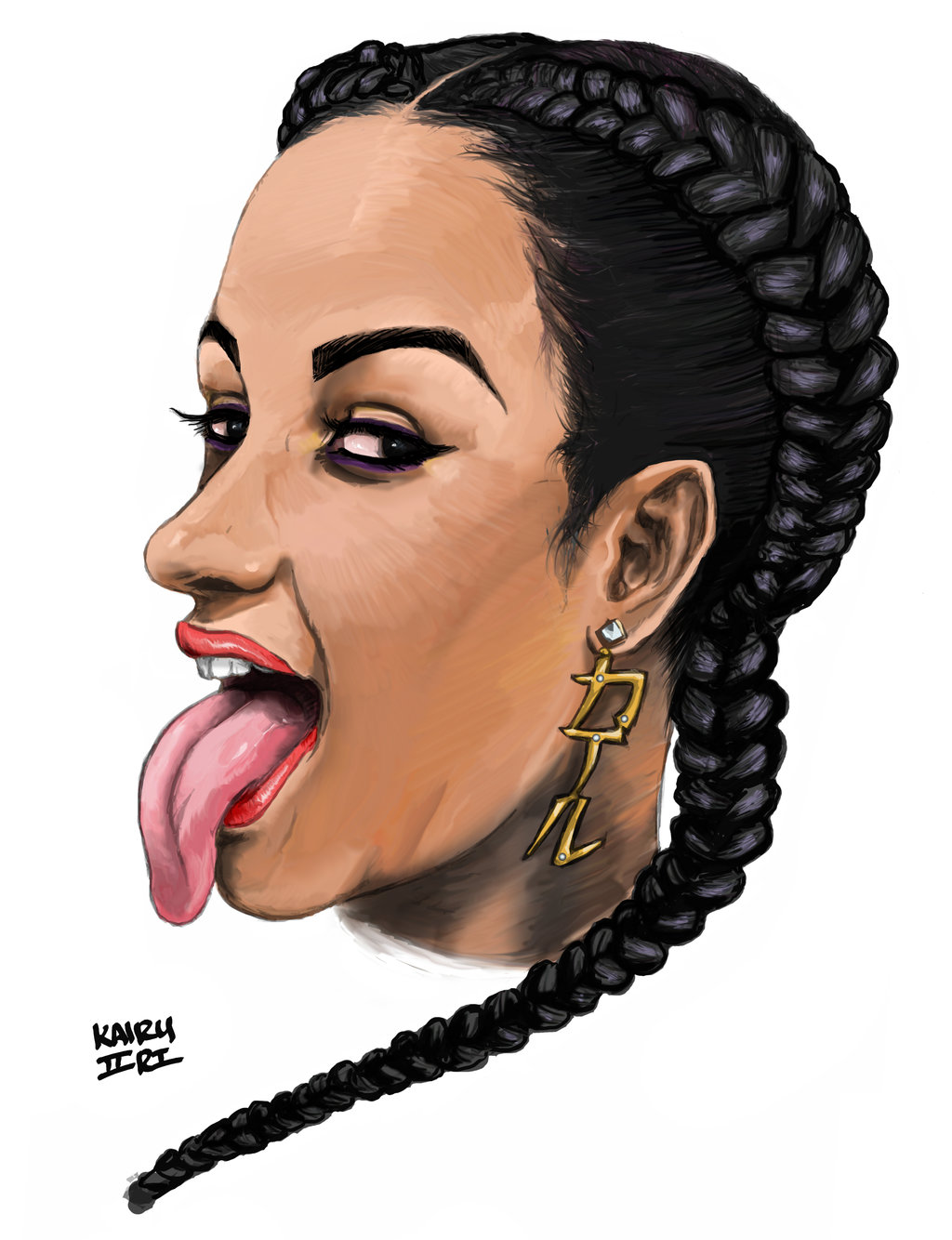 black_eyes black_hair blackarterystudios braid cardi_b earrings eyebrowx highres jewelry real_life signature teeth tongue tongue_out