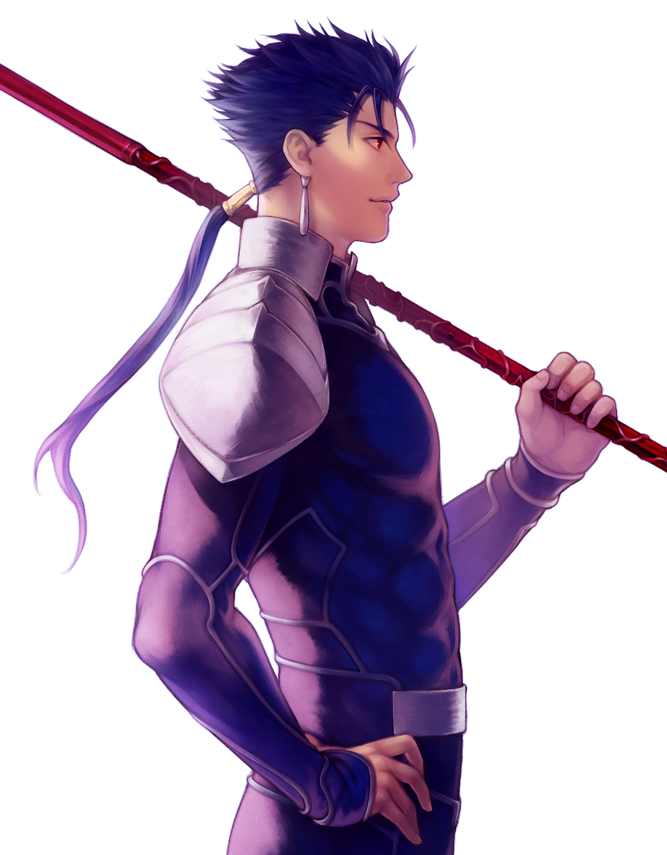 1boy blue_hair earrings from_side hand_on_hip highres holding holding_weapon jewelry lancer long_hair neopara polearm ponytail red_eyes solo spaulders spear standing weapon