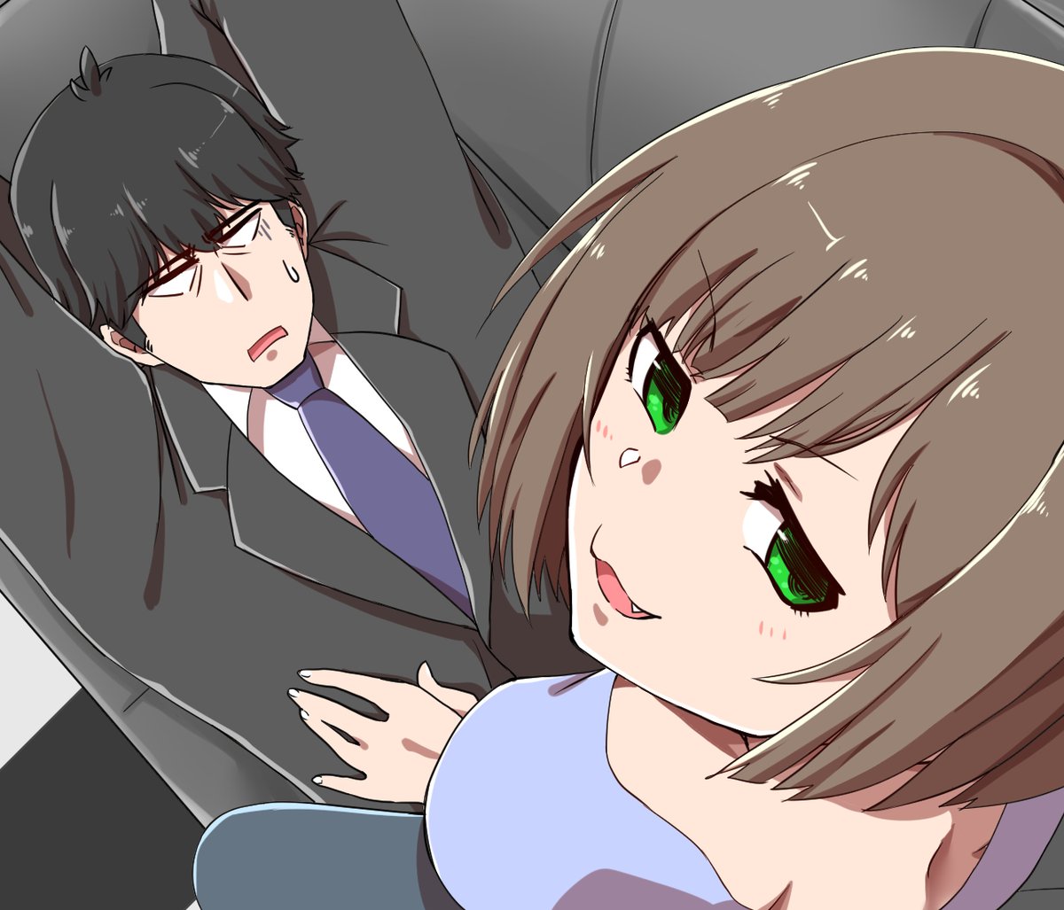 &gt;:3 1boy 1girl :3 black_hair brown_hair business_suit checkered checkered_floor couch fang formal from_above green_eyes hand_on_another's_stomach idolmaster idolmaster_cinderella_girls maekawa_miku necktie open_mouth producer_(idolmaster_cinderella_girls_anime) rugishi short_hair straddling suit sweatdrop
