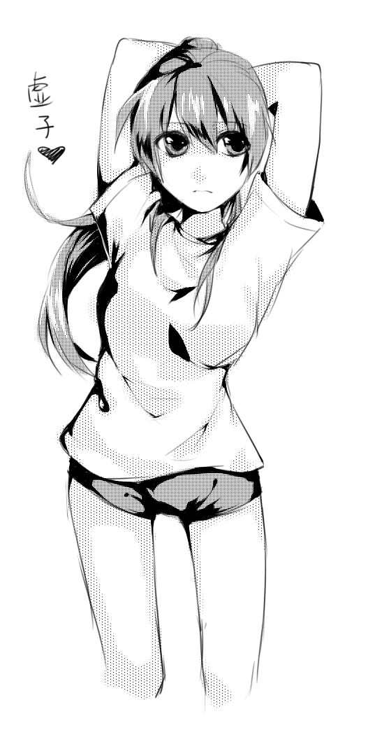 1girl bangs ben-day_dots breasts closed_mouth cowboy_shot genderswap genderswap_(mtf) greyscale kyonko long_hair monochrome ponytail sevennine shorts sidelocks simple_background solo suzumiya_haruhi_no_yuuutsu