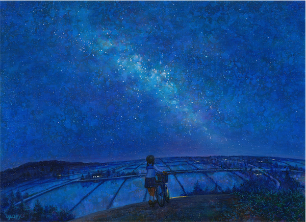 1girl bicycle bicycle_basket black_hair fisheye from_behind full_body ground_vehicle hill house kneehighs looking_up milky_way night night_sky original outdoors pleated_skirt pushing_bicycle rice_paddy scenery school_uniform shiraishi_takashi short_hair skirt sky solo standing star_(sky) starry_sky tree twintails white_legwear