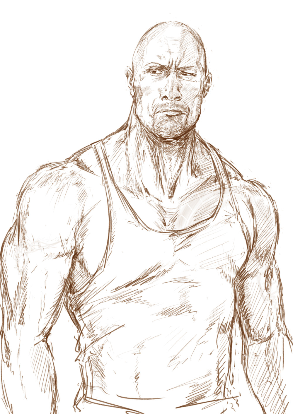 1boy bald beard collarbone commentary dwayne_johnson facial_hair highres looking_to_the_side male_focus muscular muscular_male original pectorals real_life realistic sakazuki_sudama simple_background solo tank_top upper_body white_background