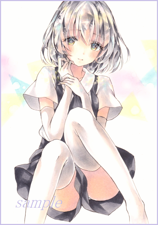 androgynous black_skirt black_vest blue_border colored_pencil_(medium) diamond_(houseki_no_kuni) expressionless gradient gradient_background hand_on_own_face head_tilt houseki_no_kuni knees_up looking_at_viewer marker_(medium) potto sample short_hair short_sleeves silver_hair simple_background sitting skirt skirt_set thigh-highs traditional_media vest white_legwear wrist_grab yellow_eyes