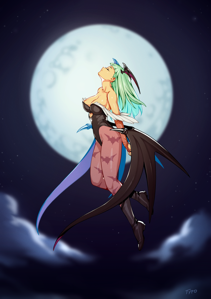 1girl animal_print bat_print bat_wings boots breasts bridal_gauntlets capcom cleavage closed_eyes clouds demon_girl flying full_body full_moon green_hair head_wings heart_cutout large_breasts leotard long_hair low_wings moon morrigan_aensland night outdoors pantyhose pinup print_legwear solo succubus typo_(requiemdusk) vampire_(game) wings