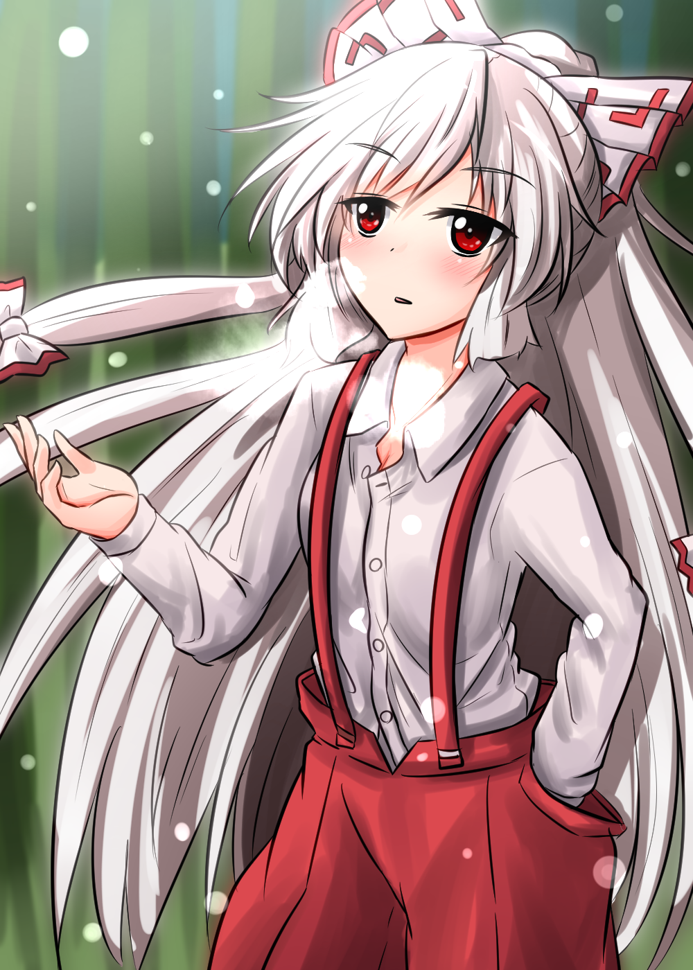 1girl blush bow breath cowboy_shot dress_shirt fujiwara_no_mokou hair_bow hand_in_pocket highres long_hair long_sleeves oshiaki pants parted_lips red_eyes red_pants shirt silver_hair solo suspenders touhou very_long_hair white_shirt