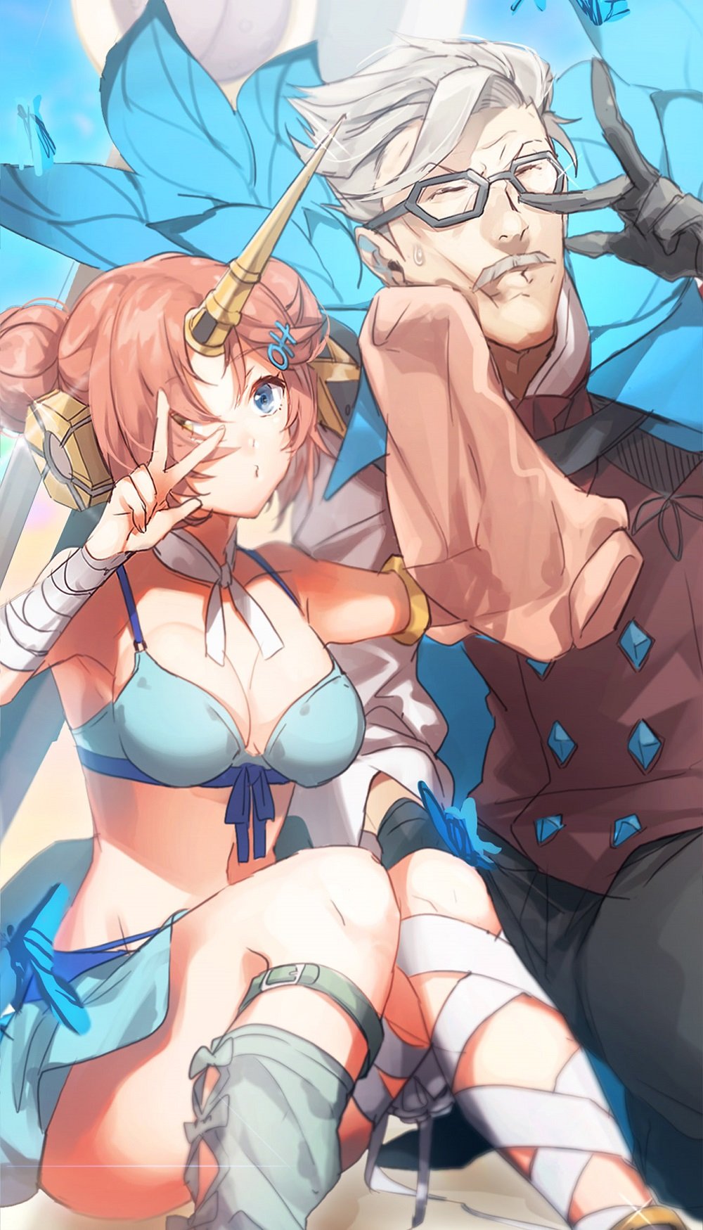 1boy 1girl bandage bikini blue_eyes breasts closed_eyes detached_sleeves facial_hair fate/grand_order fate_(series) frankenstein's_monster_(swimsuit_saber)_(fate) glasses gloves grey_hair hair_ornament hairclip heterochromia highres horn james_moriarty_(fate/grand_order) mustache navel no-kan pink_hair skirt sweat swimsuit v yellow_eyes