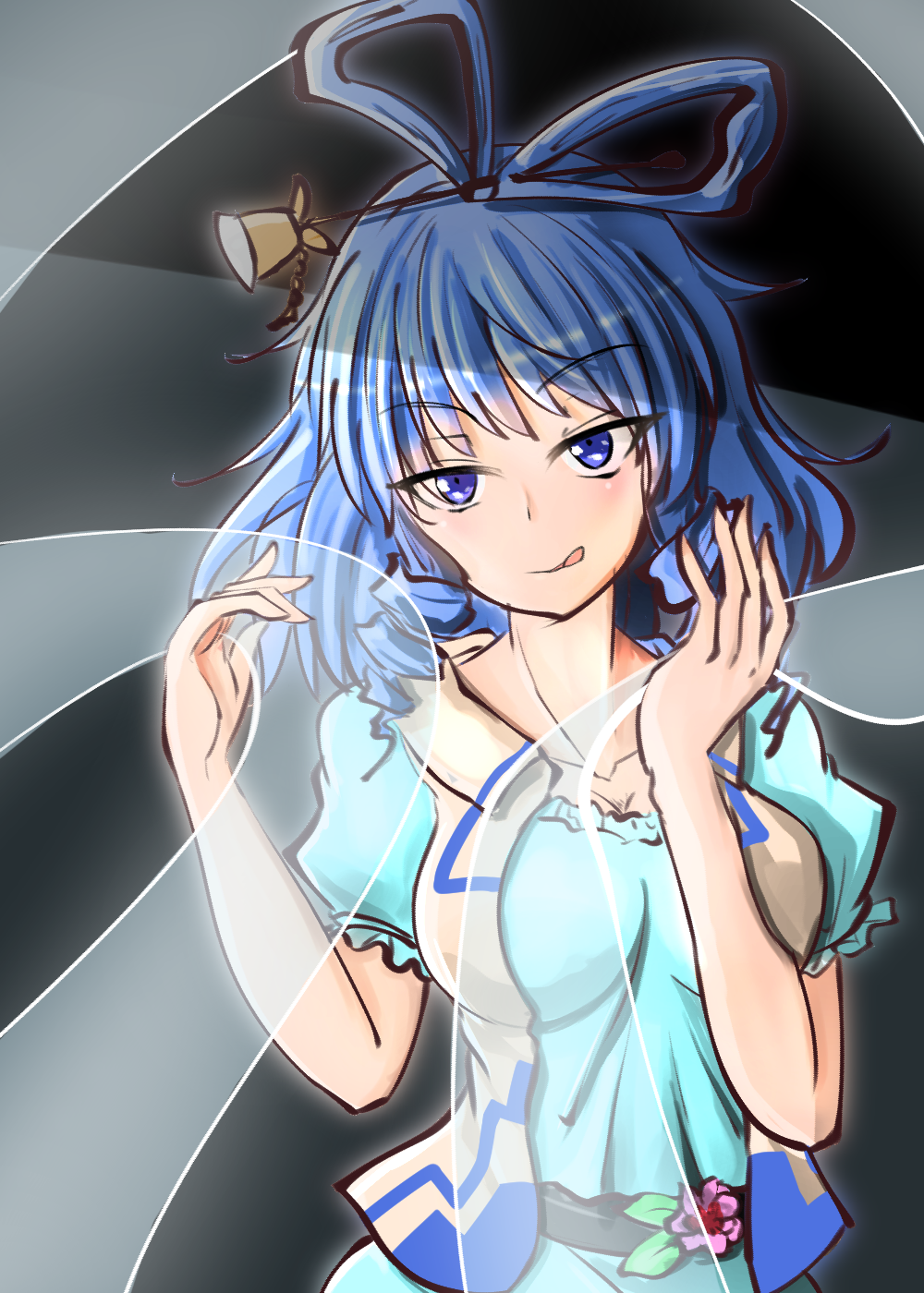 1girl :q bangs blue_dress blue_eyes blue_hair breasts dress flower hagoromo hair_ornament hair_rings hair_stick highres kaku_seiga large_breasts looking_at_viewer open_clothes open_vest oshiaki puffy_short_sleeves puffy_sleeves shawl short_sleeves smile solo tongue tongue_out touhou upper_body vest white_vest