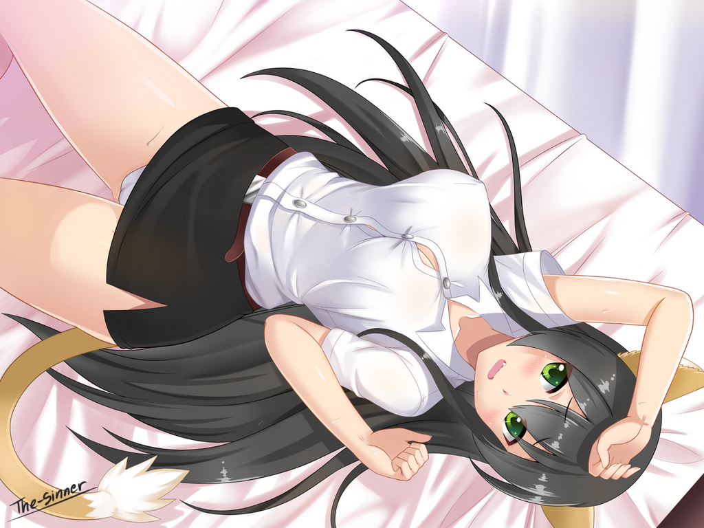 &gt;:o 1girl :o animal_ears artist_name bed bed_sheet belt black_hair blush breasts buttons cat_ears cat_tail cleavage clenched_hand collar collared_shirt eyebrows eyebrows_visible_through_hair eyelashes fang green_eyes kemonomimi_mode large_breasts long_hair looking_at_another lying midriff miniskirt on_back open_mouth original panties pantyshot pantyshot_(lying) shadow shiny shiny_hair shiny_skin shirt short_sleeves signature simple_background skirt sweat sweatdrop tail the-sinner underwear very_long_hair white_panties white_shirt