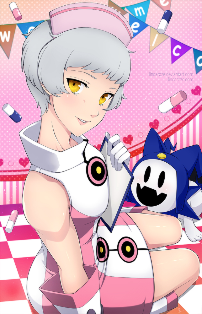 1girl alina_pegova alternate_costume bare_shoulders boots checkered checkered_floor clipboard commentary elizabeth_(persona) gloves grey_hair hat heart jack_frost looking_at_viewer nurse_cap persona persona_3 persona_q:_shadow_of_the_labyrinth pill short_hair sitting smile wariza watermark white_hair yellow_eyes