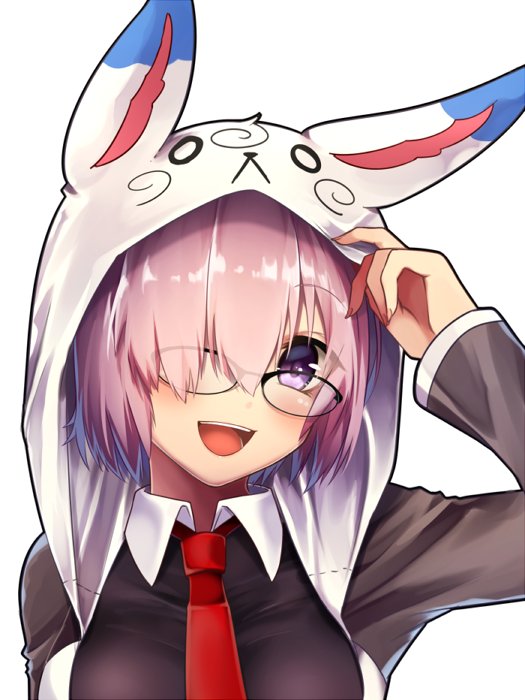 1girl blush breasts eyebrows_visible_through_hair fate/grand_order fate_(series) fou_(fate/grand_order) glasses grey_jacket hair_over_one_eye hood hoodie koruta_(nekoimo) large_breasts long_sleeves looking_at_viewer necktie open_mouth pink_hair red_necktie shielder_(fate/grand_order) simple_background solo violet_eyes white_background