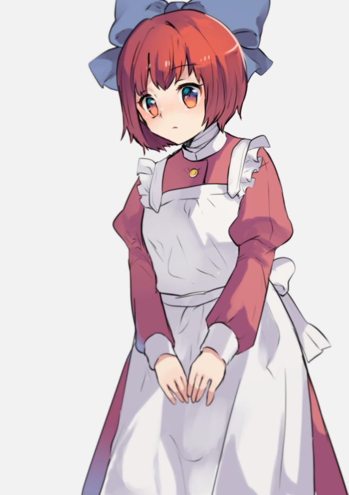 1girl alternate_costume apron blue_bow bow enmaided hair_bow long_sleeves looking_at_viewer maid puffy_long_sleeves puffy_sleeves red_eyes redhead sekibanki short_hair shukinuko simple_background solo touhou white_background wrist_cuffs