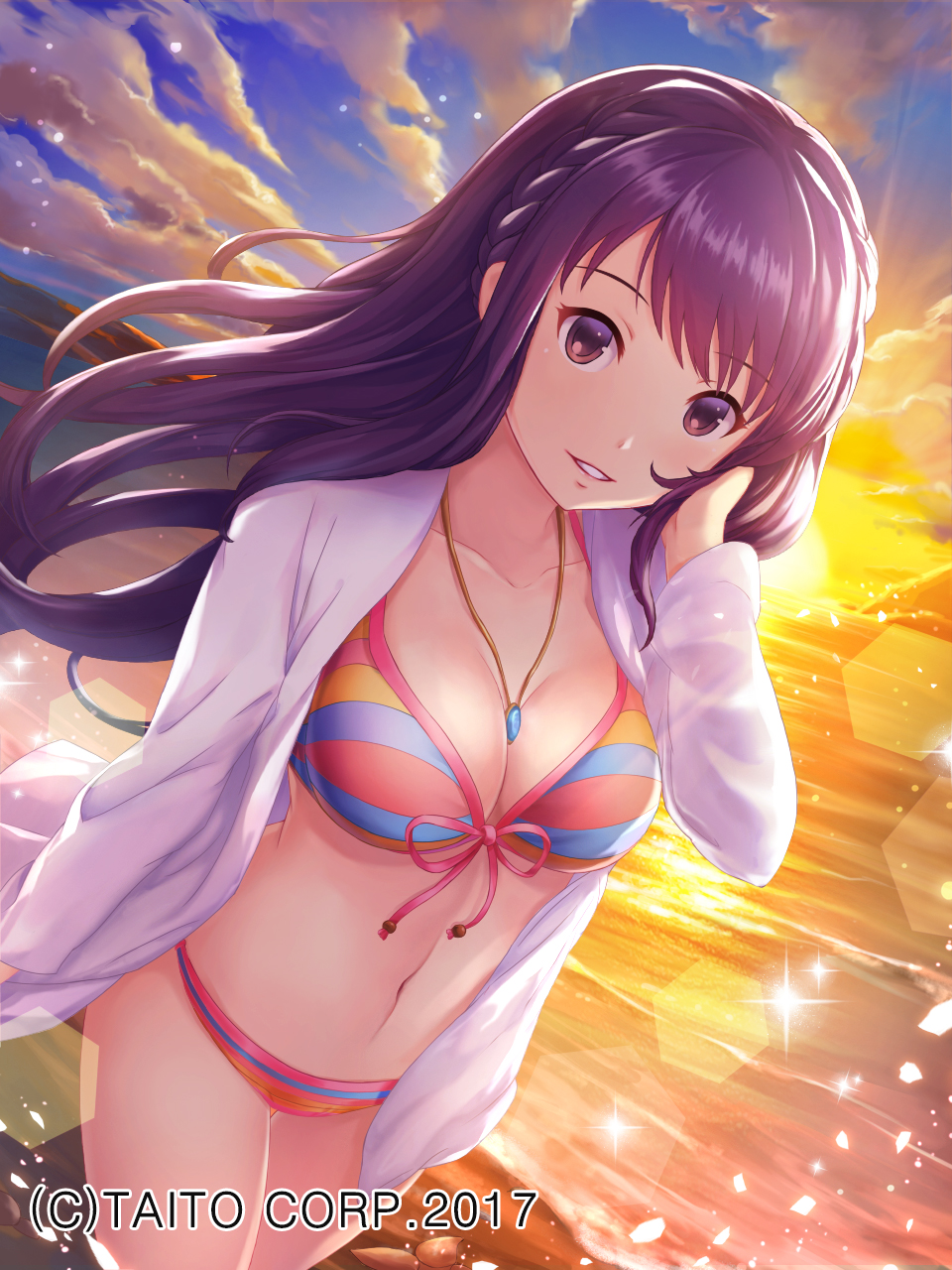 1girl bangs beach bikini blue_bikini blue_sky braid breasts cleavage clouds cloudy_sky collarbone commentary_request company_name crown_braid dutch_angle eyebrows_visible_through_hair floating_hair front-tie_bikini front-tie_top gradient_sky hand_in_hair hand_up highres horizon ilog jewelry lens_flare light_smile long_hair long_sleeves looking_at_viewer lunacle medium_breasts multicolored multicolored_bikini multicolored_clothes navel necklace ocean official_art open_clothes open_shirt orange_sky parted_lips pendant pink_bikini purple_hair red_bikini shiny shiny_hair shirt sky solo sparkle standing stomach striped striped_bikini sunset swimsuit violet_eyes white_shirt wind yellow_bikini