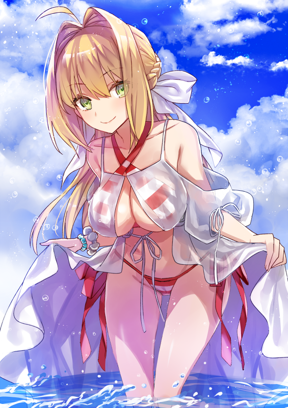 1girl ahoge bikini blonde_hair braid breasts cleavage closed_mouth clouds cloudy_sky criss-cross_halter day dress dress_lift eyebrows_visible_through_hair fate/grand_order fate_(series) front-tie_top green_eyes hair_intakes hair_ribbon halterneck large_breasts leaning_forward long_hair looking_at_viewer nero_claudius_(swimsuit_caster)_(fate) outdoors ribbon side-tie_bikini sky smile solo striped striped_bikini swimsuit wading water yuzuki_karu
