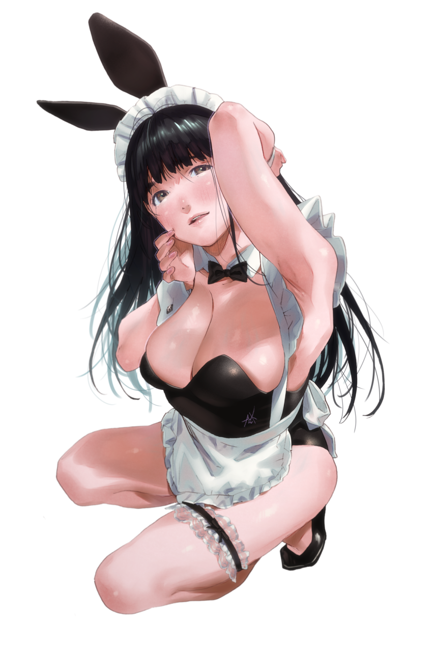 1girl animal_ears apron arm_up bangs black_bow black_bowtie black_hair black_leotard black_shoes blush bow bowtie breasts brown_eyes bunnysuit cleavage commentary_request frilled_apron frills highres kamiyama_aya leotard looking_at_viewer no_socks original rabbit_ears shoes solo thigh_strap white_apron white_background wrist_cuffs
