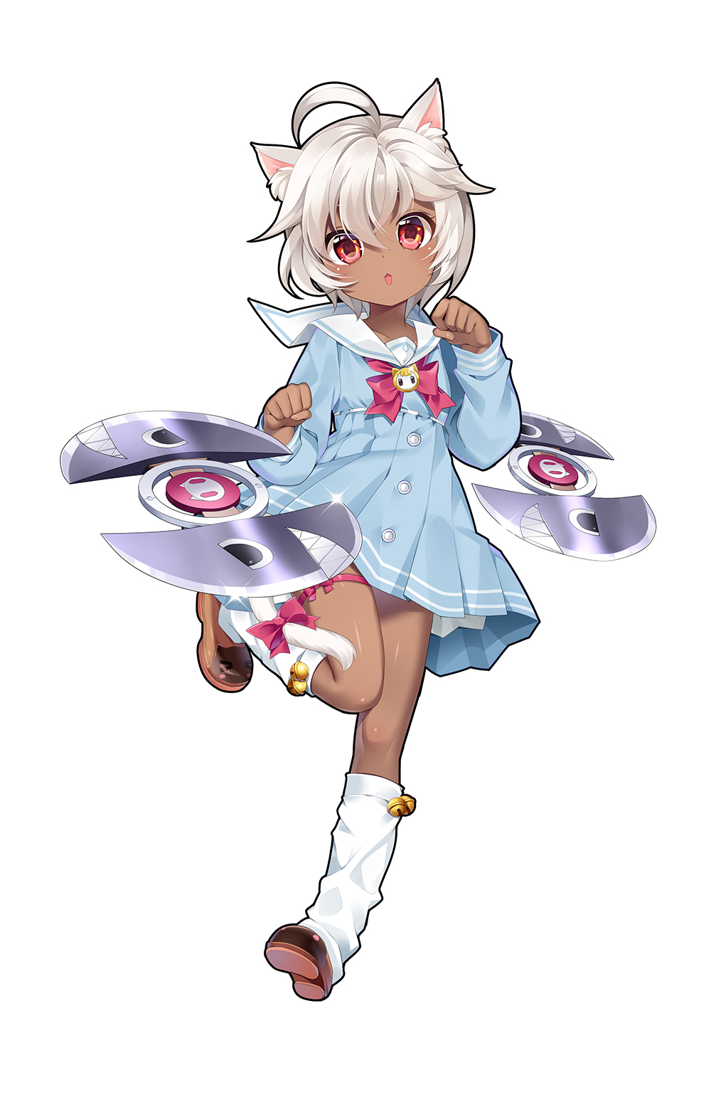 1girl animal_ears bail_bow bell blade blue_dress bow bowtie cat_ears cat_tail character_request copyright_request dark_skin dress full_body heart heart-shaped_pupils highres jingle_bell leg_warmers looking_at_viewer mvv open_mouth paw_pose red_eyes ribbon sailor_collar sailor_dress shoes short_hair simple_background solo standing standing_on_one_leg symbol-shaped_pupils tail tail_ribbon thigh_ribbon white_background white_hair