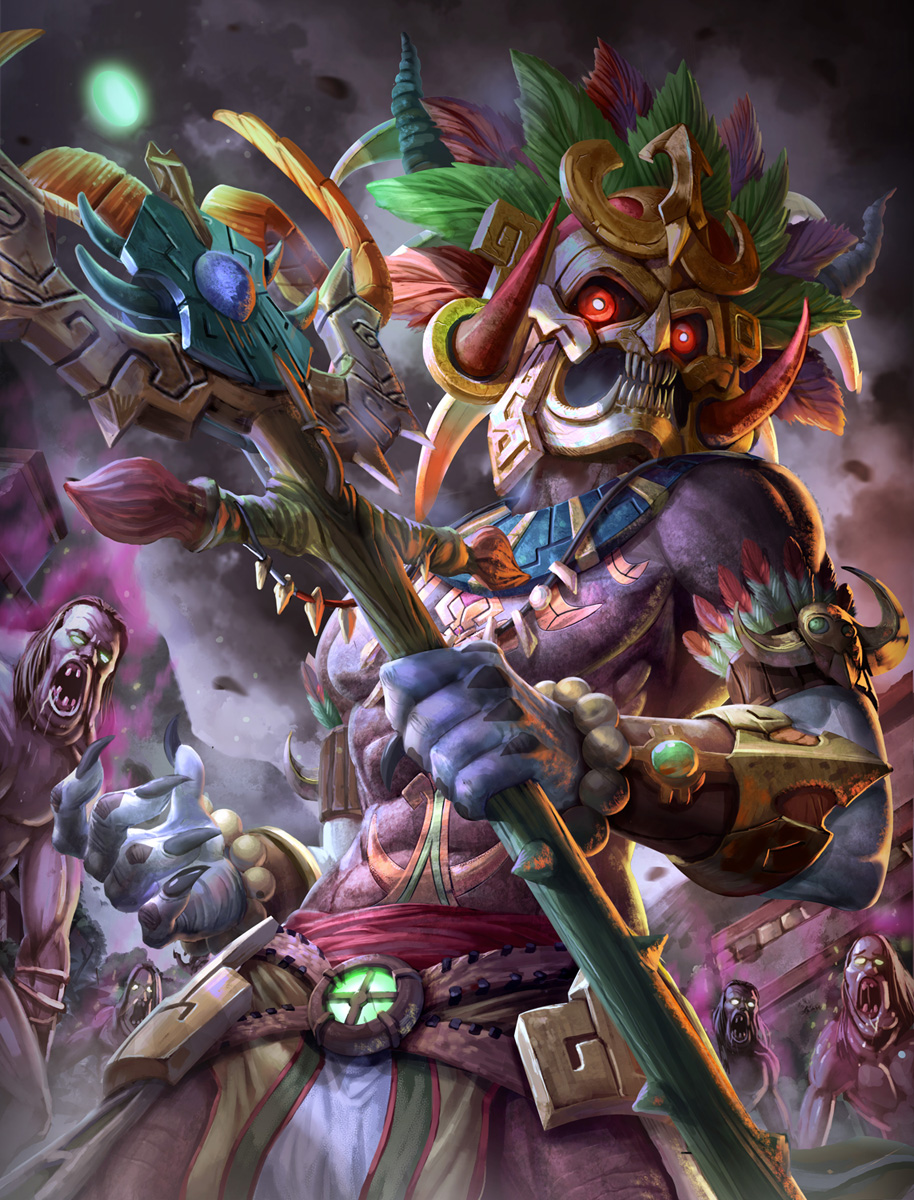 1boy ah_puch_(smite) brolo clouds cloudy_sky crown fangs feathers glowing glowing_eyes highres horns jewelry male_focus mask necklace official_art open_mouth purple_skin red_eyes shirtless sky smite solo staff tattoo teeth zombie