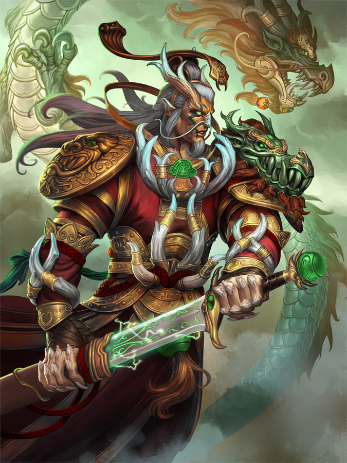 1boy ao_kuang_(smite) clouds cloudy_sky dragon dragon_boy dragon_horns eastern_dragon facial_hair green_eyes hat horns long_hair male_focus mustache official_art scales simon_eckert sky smite solo sword upper_body weapon white_hair