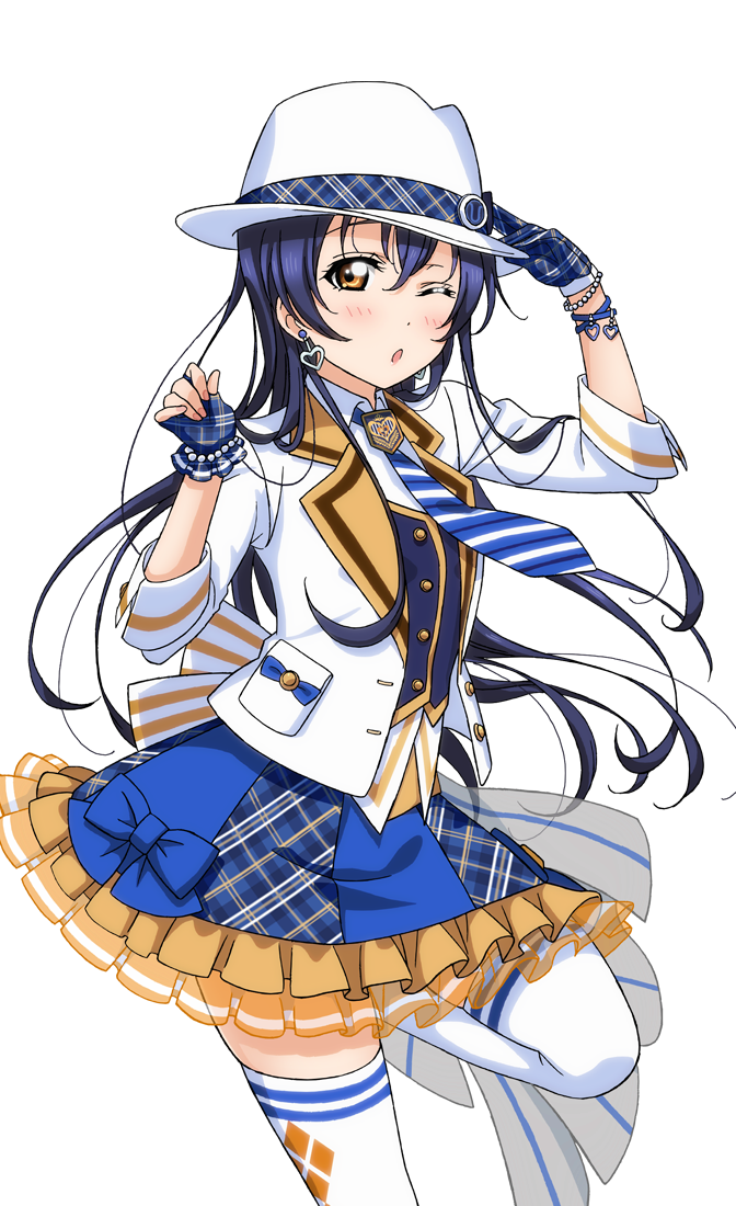 1girl ;o artist_request bangs blue_eyes blue_gloves blue_hair blue_necktie blush bow bracelet brown_eyes checkered checkered_skirt earrings fingerless_gloves frills gloves hair_between_eyes hat jacket jewelry long_hair looking_at_viewer love_live! love_live!_school_idol_festival love_live!_school_idol_festival_after_school_activity love_live!_school_idol_project necktie official_art one_eye_closed open_mouth skirt solo sonoda_umi striped striped_necktie thigh-highs transparent_background vest white_legwear