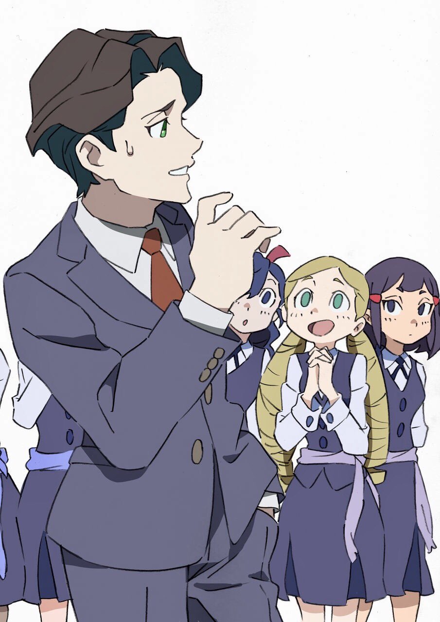 1boy 5girls andrew_hanbridge arai_hiroki avery_(little_witch_academia) blonde_hair blue_hair brown_hair drill_hair formal green_eyes hair_ornament hairclip hands_clasped highres little_witch_academia luna_nova_school_uniform multiple_girls purple_hair school_uniform smile solid_oval_eyes suit sweatdrop twin_drills violet_eyes white_background