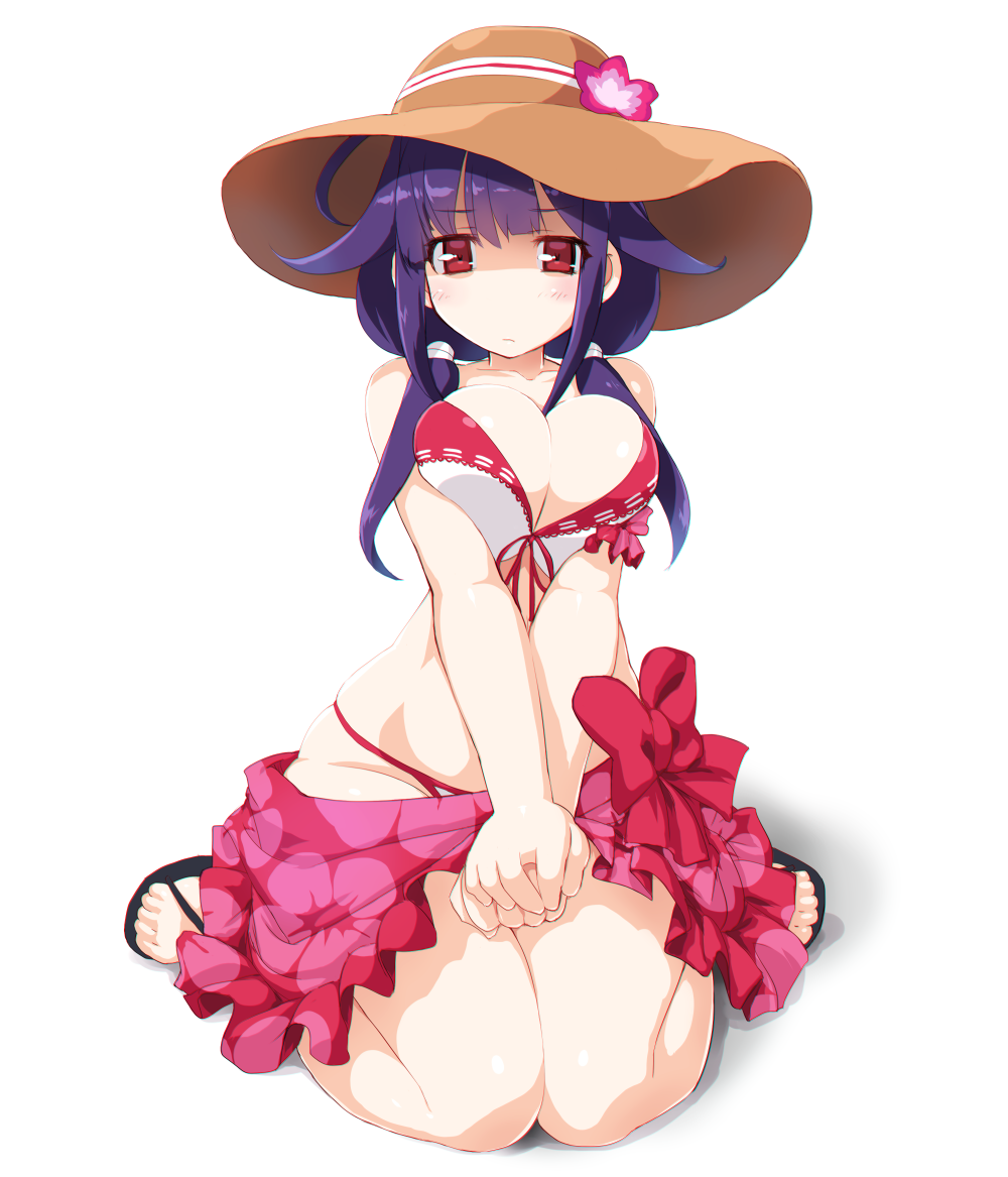 10s 1girl ahoge bikini blush breasts cleavage dd_(ijigendd) flower hair_flaps hair_flower hair_ornament hat kantai_collection large_breasts long_hair looking_at_viewer low_twintails midriff navel purple_hair red_eyes sarong simple_background sitting solo sun_hat swimsuit taigei_(kantai_collection) twintails v_arms wariza white_background