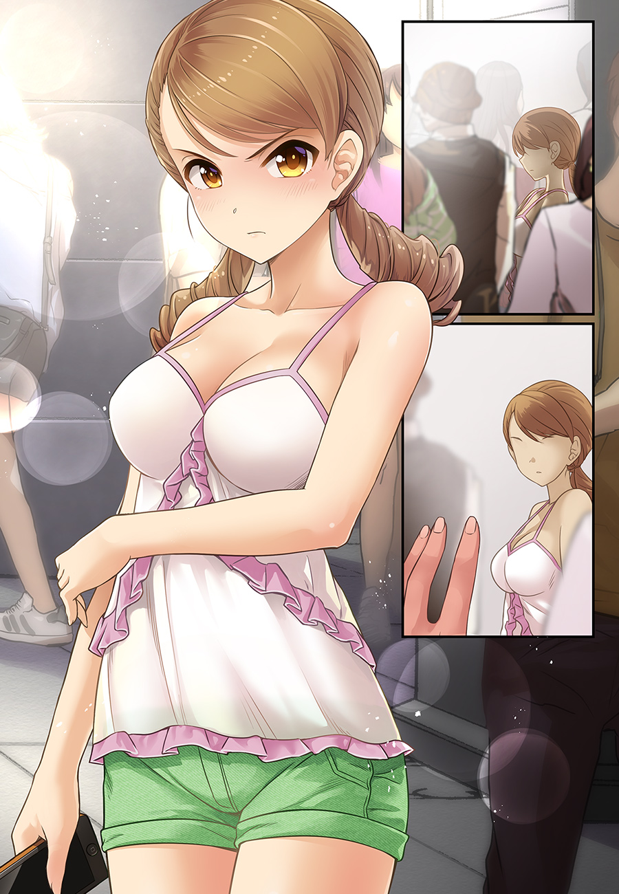 1girl angry blush breasts brown_eyes brown_hair cellphone cleavage comic commentary_request dress drill_hair faceless highres houjou_karen idolmaster idolmaster_cinderella_girls kazu long_hair looking_at_viewer phone short_shorts shorts silent_comic smartphone solo_focus twin_drills twintails