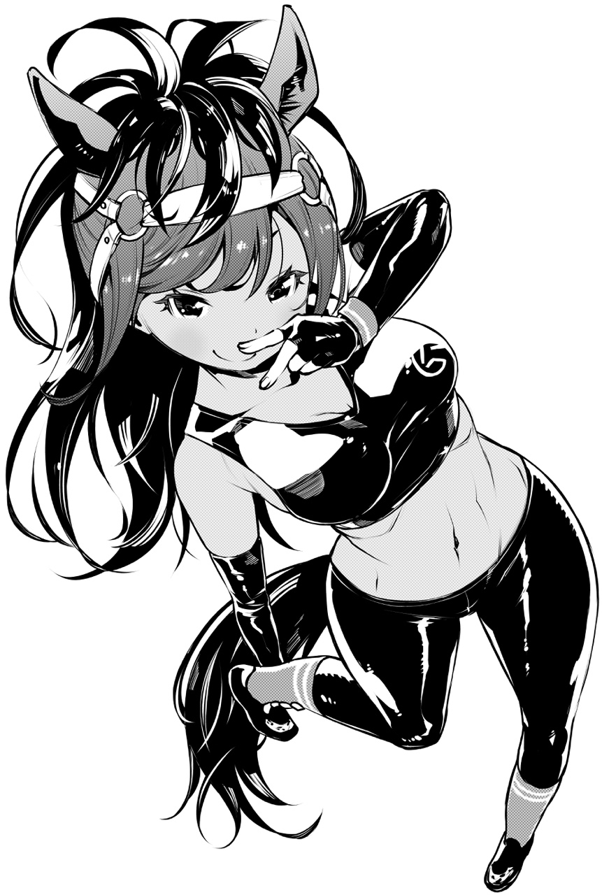 10s 1girl animal_ears ankle_grab bangs breasts brown_thoroughbred_(kemono_friends) elbow_gloves fingerless_gloves foreshortening from_above fukushima_masayasu gloves greyscale hair_ornament halftone hand_to_own_mouth highres horse_ears horse_tail japan_racing_association kemono_friends leg_up leg_warmers long_hair looking_at_viewer medium_breasts midriff monochrome navel o-ring simple_background smile solo sports_bra swept_bangs tail v white_background