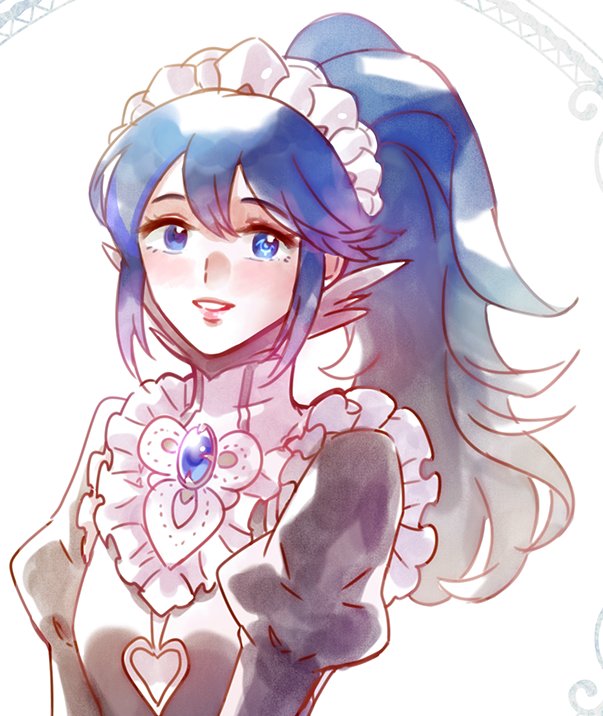 1girl blue_eyes blue_hair blush cosplay felicia_(fire_emblem_if) felicia_(fire_emblem_if)_(cosplay) fire_emblem fire_emblem:_kakusei fire_emblem_if liefe looking_at_viewer lucina maid maid_cap pointy_ears ponytail simple_background smile white_background