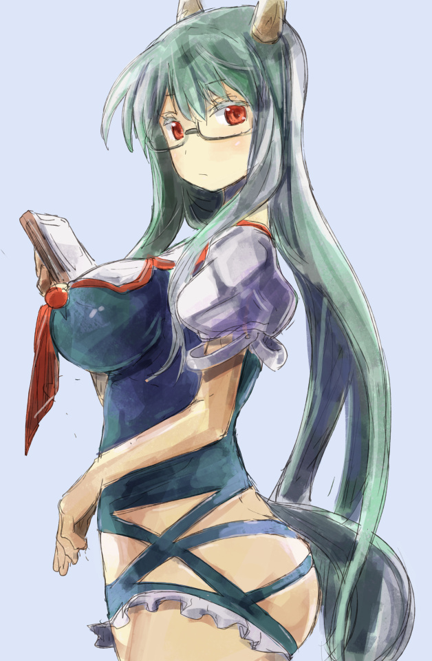 1girl adapted_costume book breasts ex-keine glasses green_hair horns kamishirasawa_keine large_breasts red_eyes tail touhou yohane