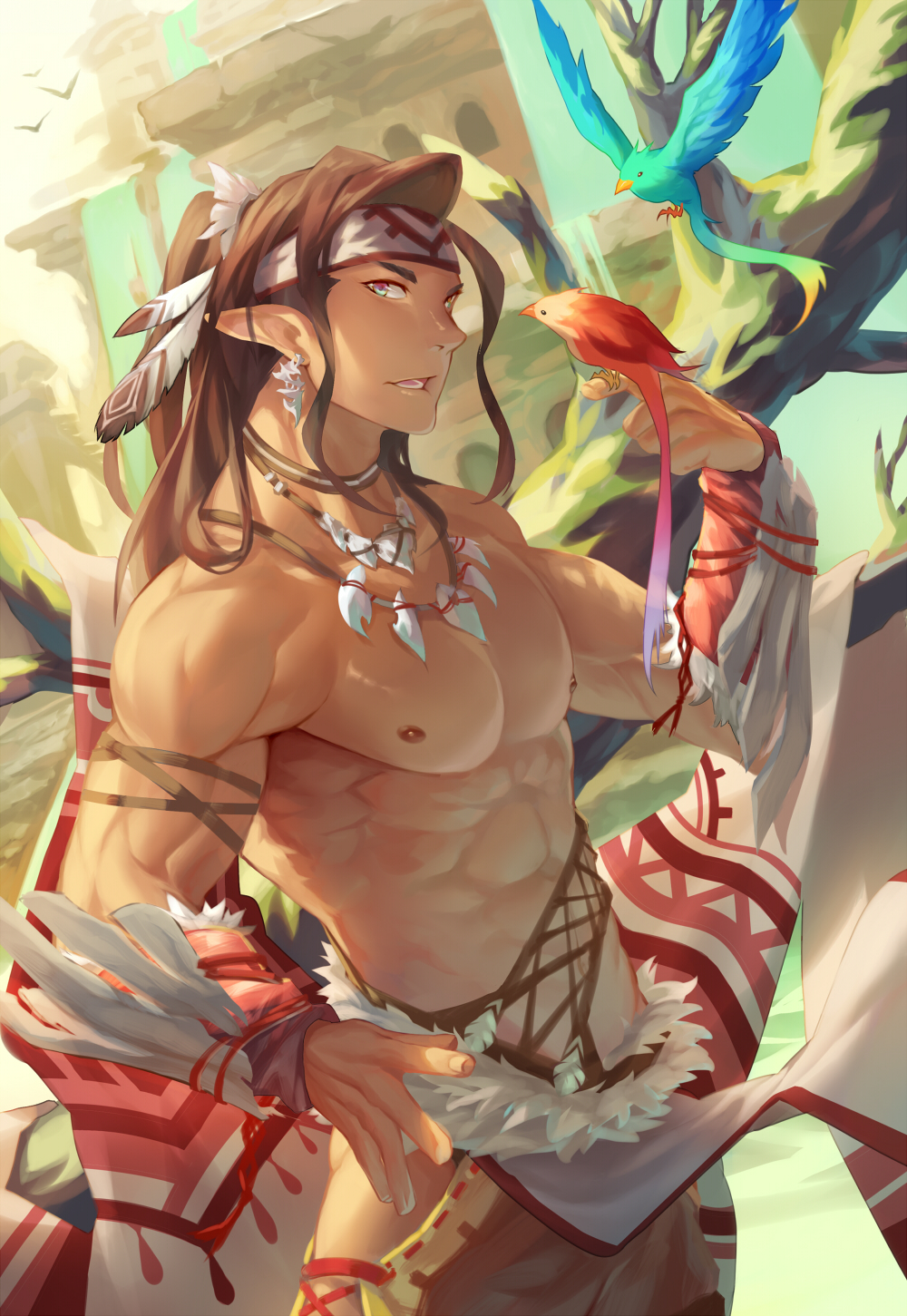 1boy abs areolae biceps bird bird_on_hand brown_hair building dark_skin dark_skinned_male dutch_angle earrings feathers fu_tomiko hand_on_hip high_ponytail highres indian jewelry long_hair looking_at_viewer male_focus muscle necklace nipples open_mouth original pectorals pointy_ears shirtless solo