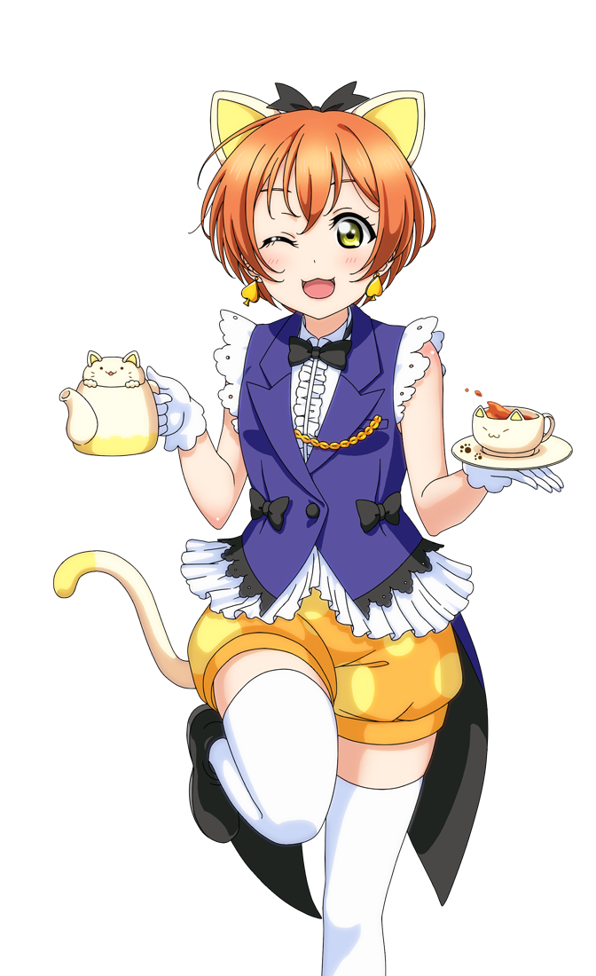 1girl :3 animal_ears artist_request bangs bare_shoulders blush bow bowtie cat_ears cat_tail cup earrings frills gloves hair_bow hoshizora_rin jewelry korekara_no_someday looking_at_viewer love_live! love_live!_school_idol_festival love_live!_school_idol_festival_after_school_activity love_live!_school_idol_project official_art one_eye_closed open_mouth orange_hair puffy_shorts short_hair shorts smile solo tail teacup teapot thigh-highs vest yellow_eyes