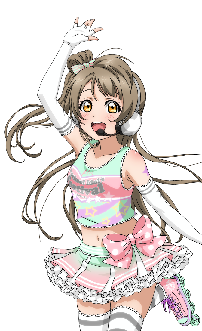 1girl artist_request bangs bare_shoulders blush bow breasts brown_hair character_name cheerleader collarbone copyright_name elbow_gloves fingerless_gloves frills gloves hair_bow headset long_hair love_live! love_live!_school_idol_festival love_live!_school_idol_festival_after_school_activity love_live!_school_idol_project midriff minami_kotori navel official_art one_side_up open_mouth skirt smile solo star_tattoo striped takaramonozu tattoo thigh-highs transparent_background yellow_eyes