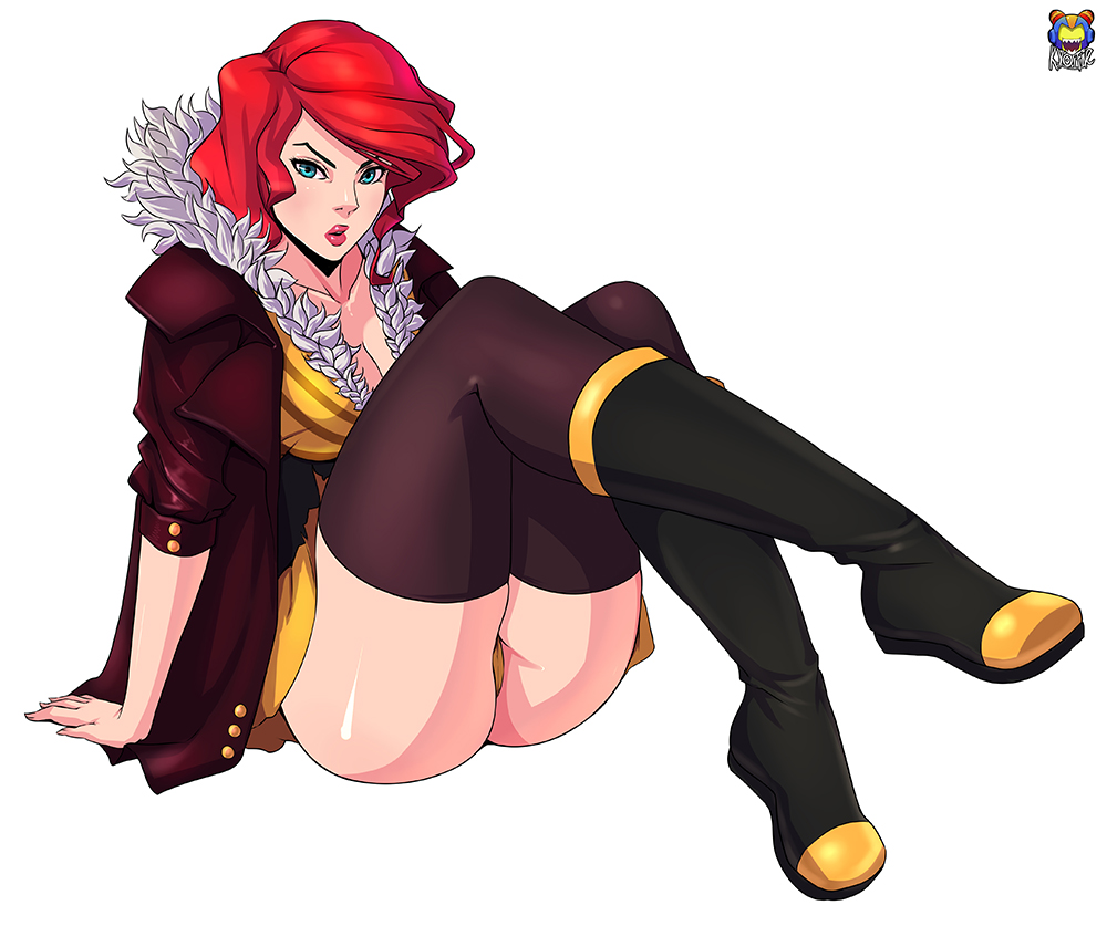 1girl ass blue_eyes kyoffie12 legs_crossed lips looking_at_viewer red_(transistor) redhead sitting solo thigh-highs transistor_(game)