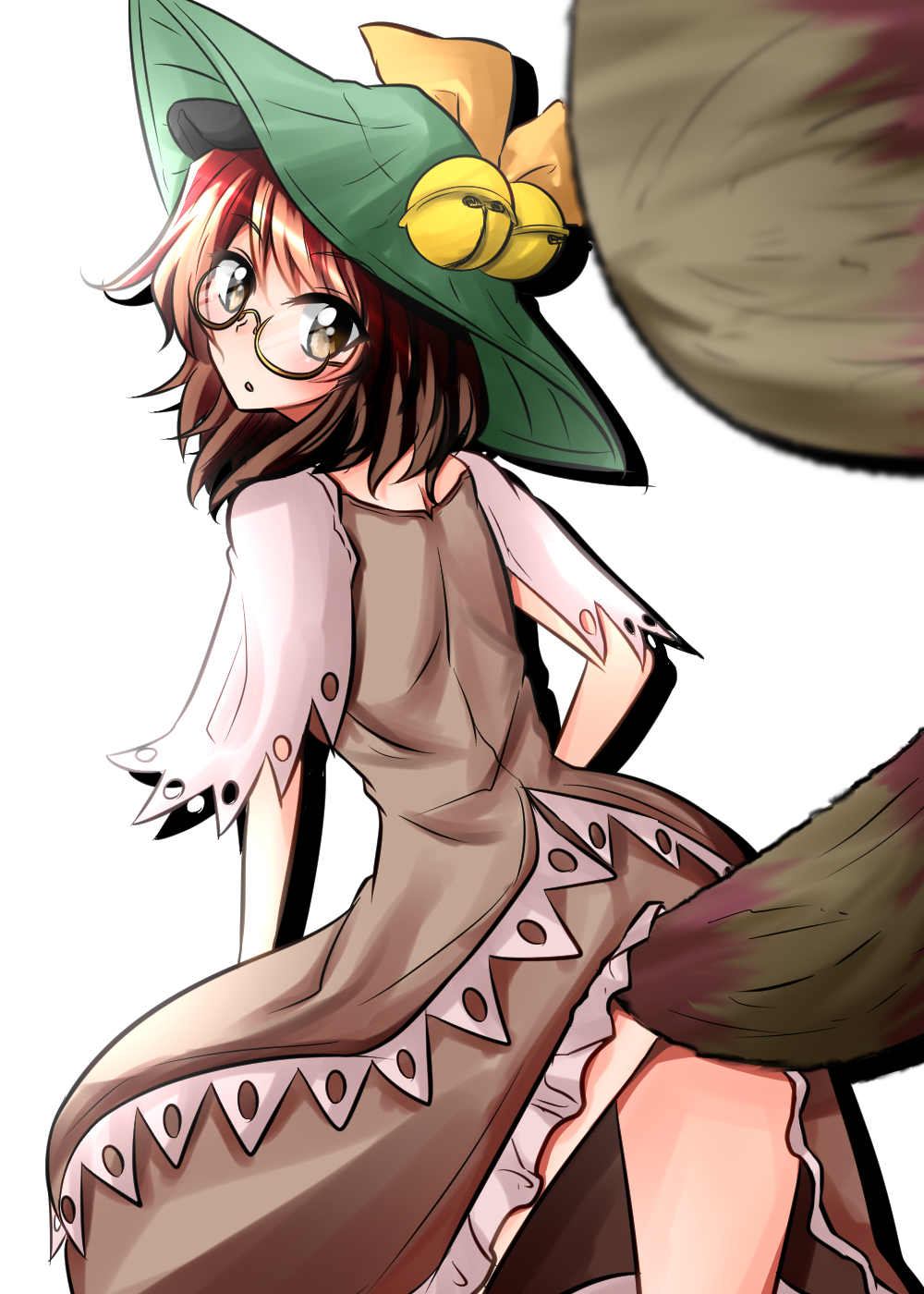 1girl :o animal_ears bell blush brown_dress brown_eyes brown_hair cowboy_shot dress from_behind futatsuiwa_mamizou glasses highres jingle_bell looking_at_viewer looking_back oshiaki raccoon_ears raccoon_tail semi-rimless_glasses solo tail touhou under-rim_glasses yellow-framed_eyewear