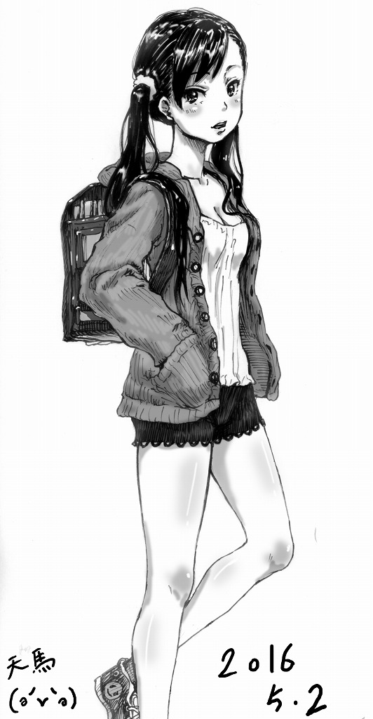 1girl backpack bag bangs breasts cleavage greyscale hair_over_shoulder hands_in_pockets hood hoodie legs long_hair looking_at_viewer monochrome open_mouth original shoes shorts sneakers solo tennmahero twintails very_long_hair
