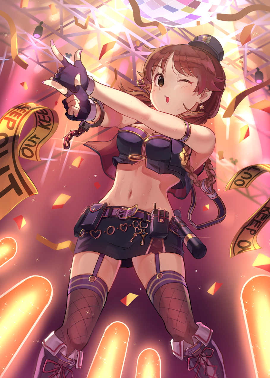 1girl beltskirt black_gloves blue_hat blush breasts brown_eyes brown_hair caution_tape cleavage cuffs eyebrows_visible_through_hair fingerless_gloves garter_straps gloves handcuffs hat heart highres idolmaster idolmaster_cinderella_girls idolmaster_cinderella_girls_starlight_stage kamille_(vcx68) katagiri_sanae keep_out looking_at_viewer medium_breasts midriff nail_polish navel one_eye_closed open_mouth pink_nails police_hat short_hair solo standing thigh-highs