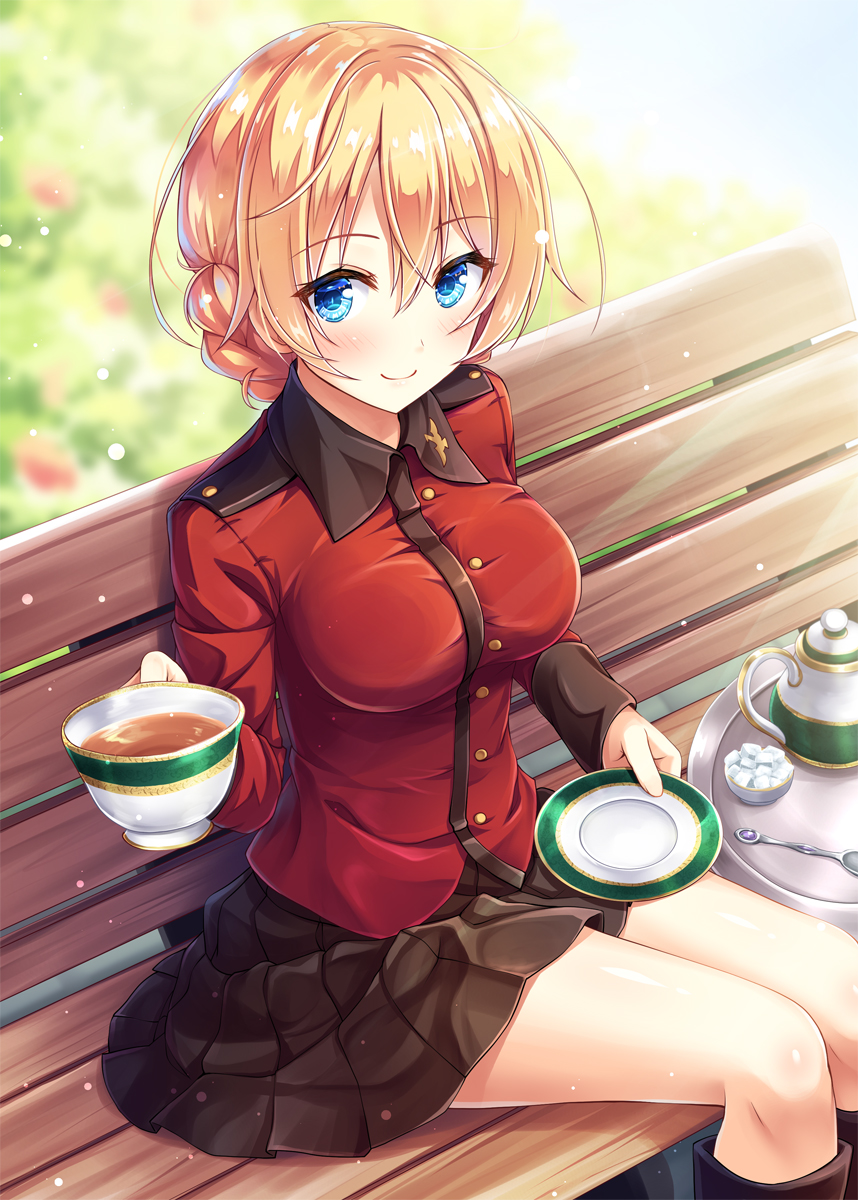 1girl akashio_(loli_ace) bench black_skirt blonde_hair blue_eyes blush braid breasts cup darjeeling girls_und_panzer hair_between_eyes highres holding holding_cup jacket light_particles looking_at_viewer military military_uniform park_bench pleated_skirt red_jacket saucer shiny shiny_hair sitting skirt smile solo spoon st._gloriana's_military_uniform sugar_cube tea teacup teapot thighs uniform