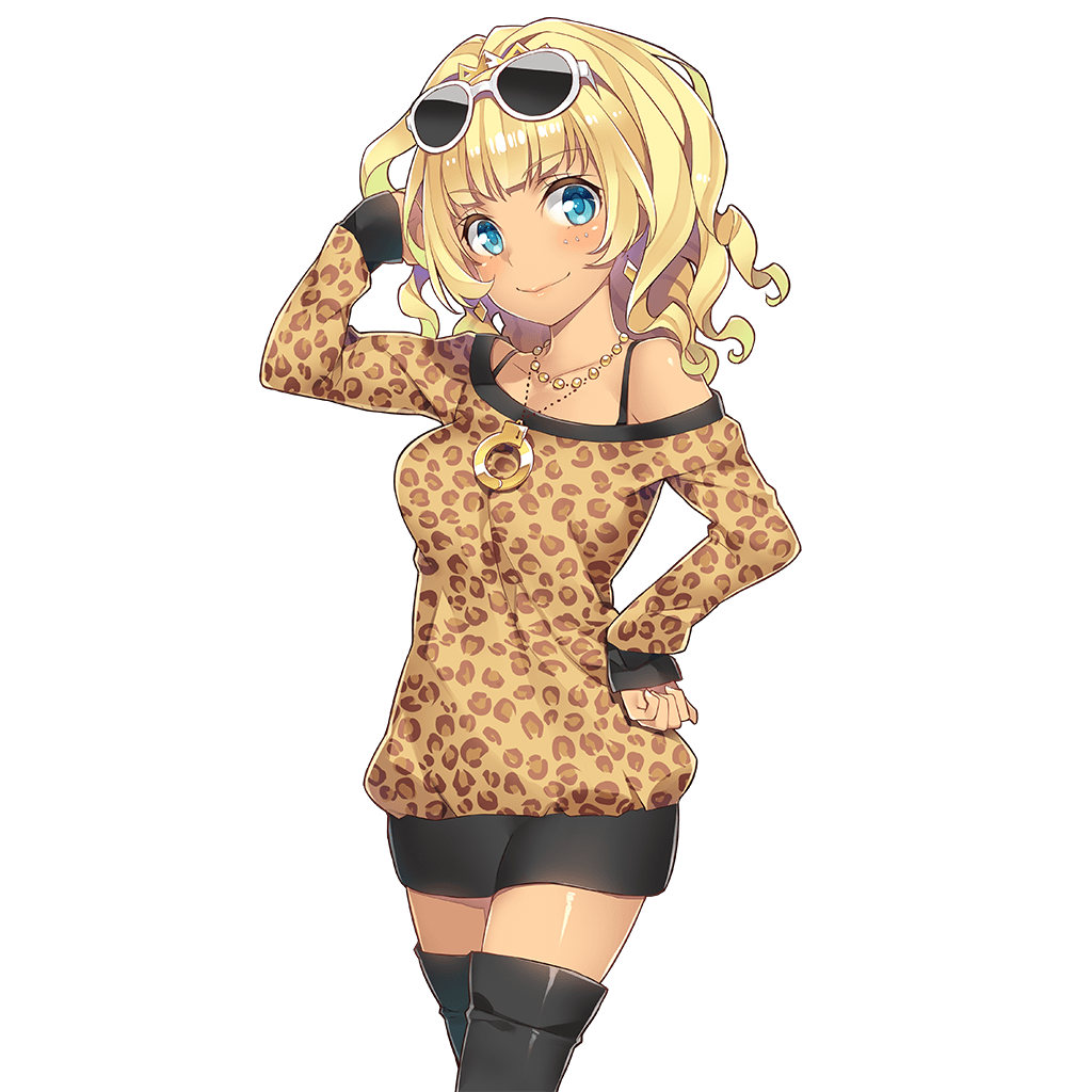 1girl amelie_mcgregor animal_print bangs bare_shoulders black_boots black_skirt blonde_hair blue_eyes blush boots breasts closed_mouth cowboy_shot crown cuffs drill_hair earrings eyebrows_visible_through_hair gyaru hand_on_hip jewelry kogal leopard_print long_hair looking_at_viewer medium_breasts miniskirt mmu necklace official_art pearl_necklace skirt sleeves_past_wrists smile solo sunglasses sunglasses_on_head thigh-highs thigh_boots transparent_background uchi_no_hime-sama_ga_ichiban_kawaii zettai_ryouiki