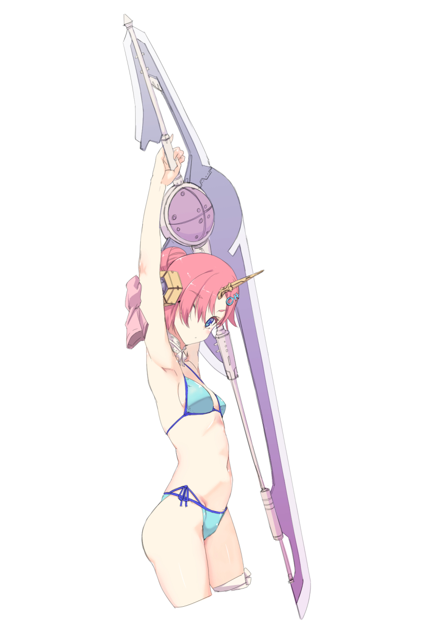 1girl armpits arms_up bandage bikini blue_bikini blue_eyes breasts fate/grand_order fate_(series) frankenstein's_monster_(swimsuit_saber)_(fate) hair_bun hair_over_one_eye highres holding holding_sword holding_weapon horn kurokuro looking_at_viewer pink_hair sideboob simple_background solo swimsuit sword thigh-highs weapon white_background